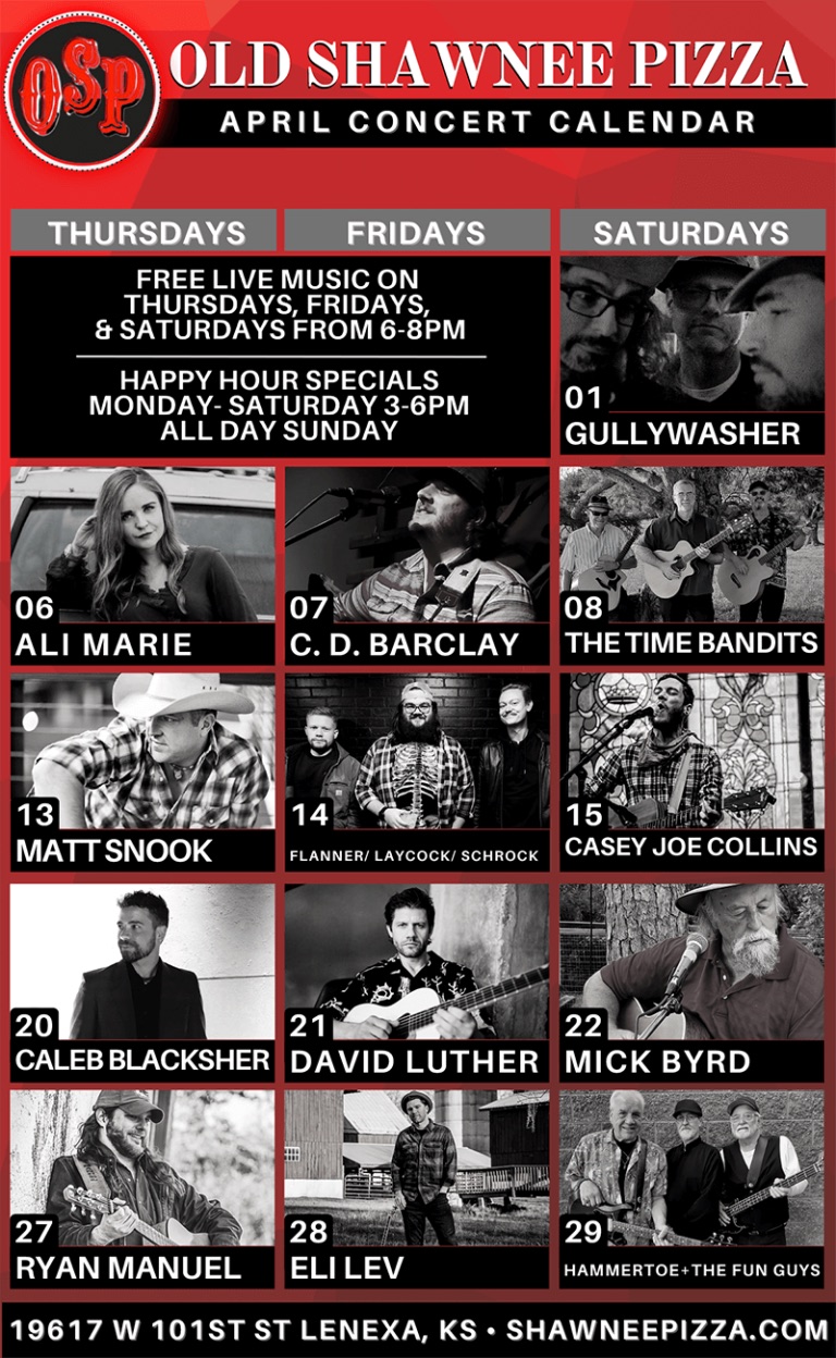 Old Shawnee Pizza April concert calendar for the Lenexa location.
